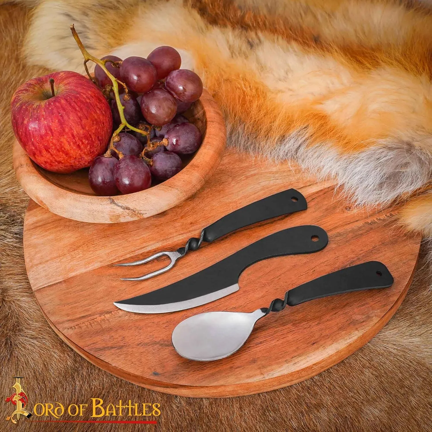 Lord of Battles Medieval Cutlery Set Functional Camp Gear Rustic Viking Cutlery Set | Pack of Medieval Knife, Fork, Spoon | Handforged Feating Set (Mild Steel with Leather)