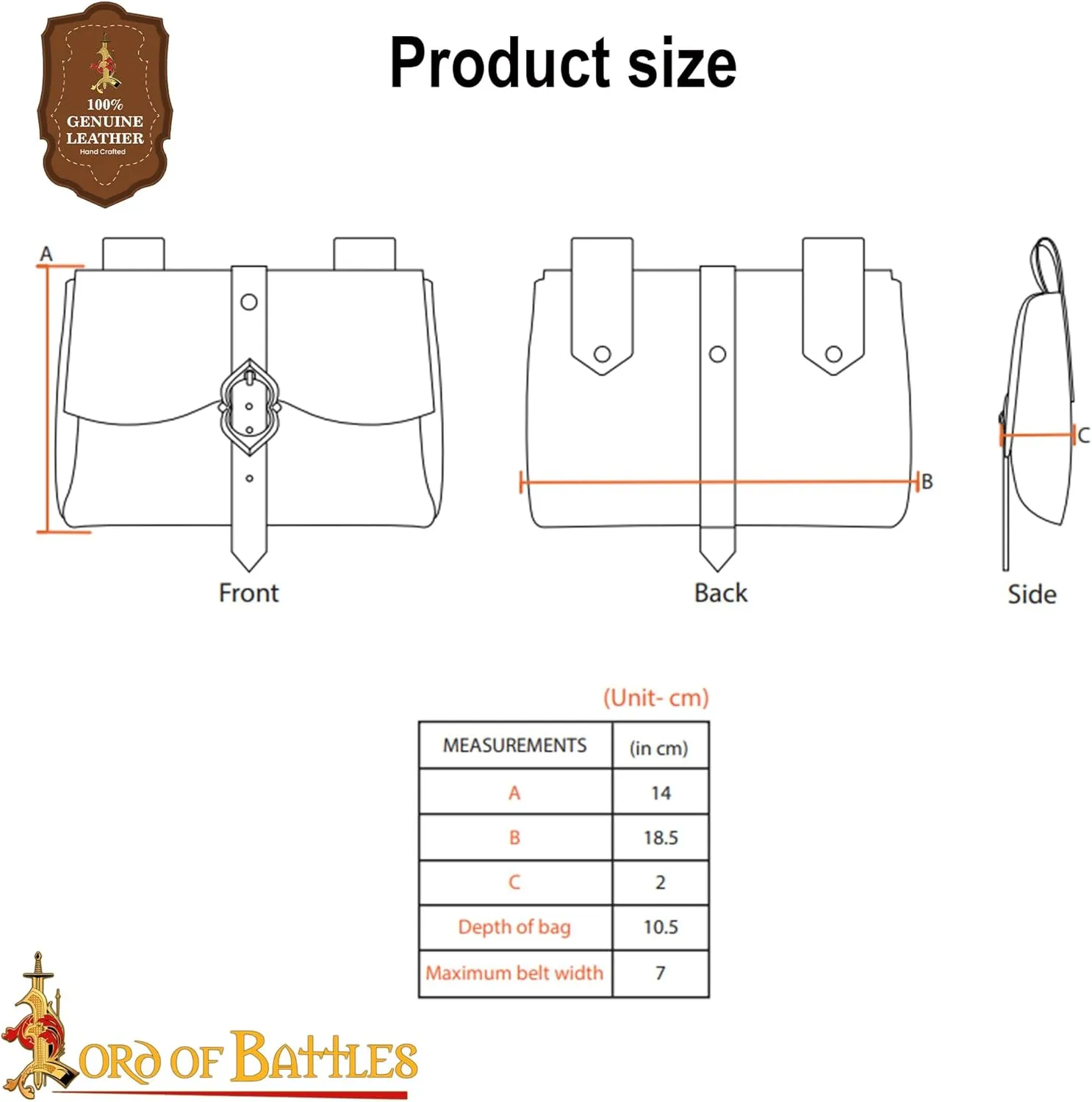 Lord of Battles Medieval Leather Bag - Renaissance Waist Bag for Roleplaying & Cosplay (Black)
