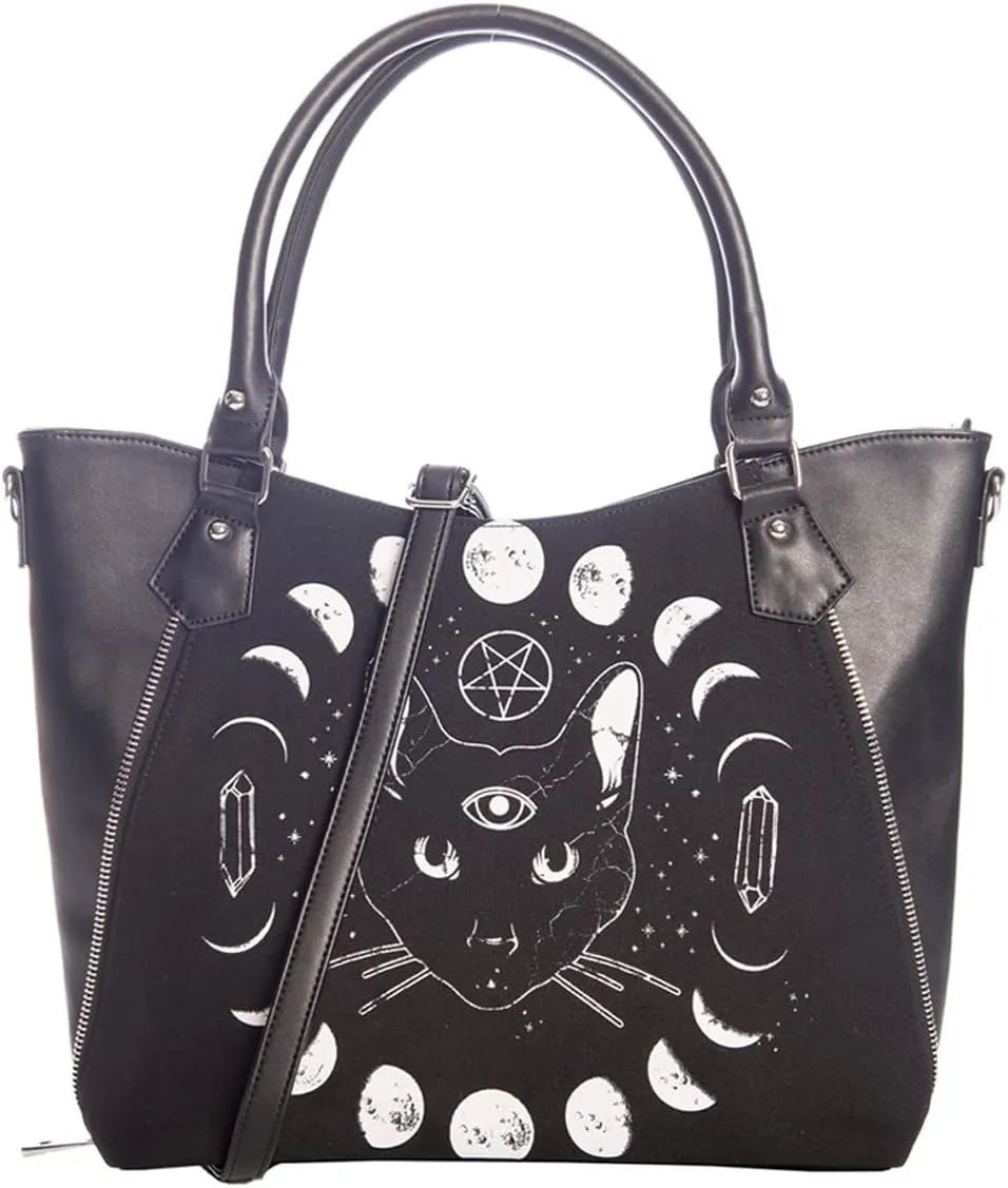 Lost Queen Pentacle Coven Tote Bag - Moonphase Cat Goth Emo Alternative Style Pentagram Handbag