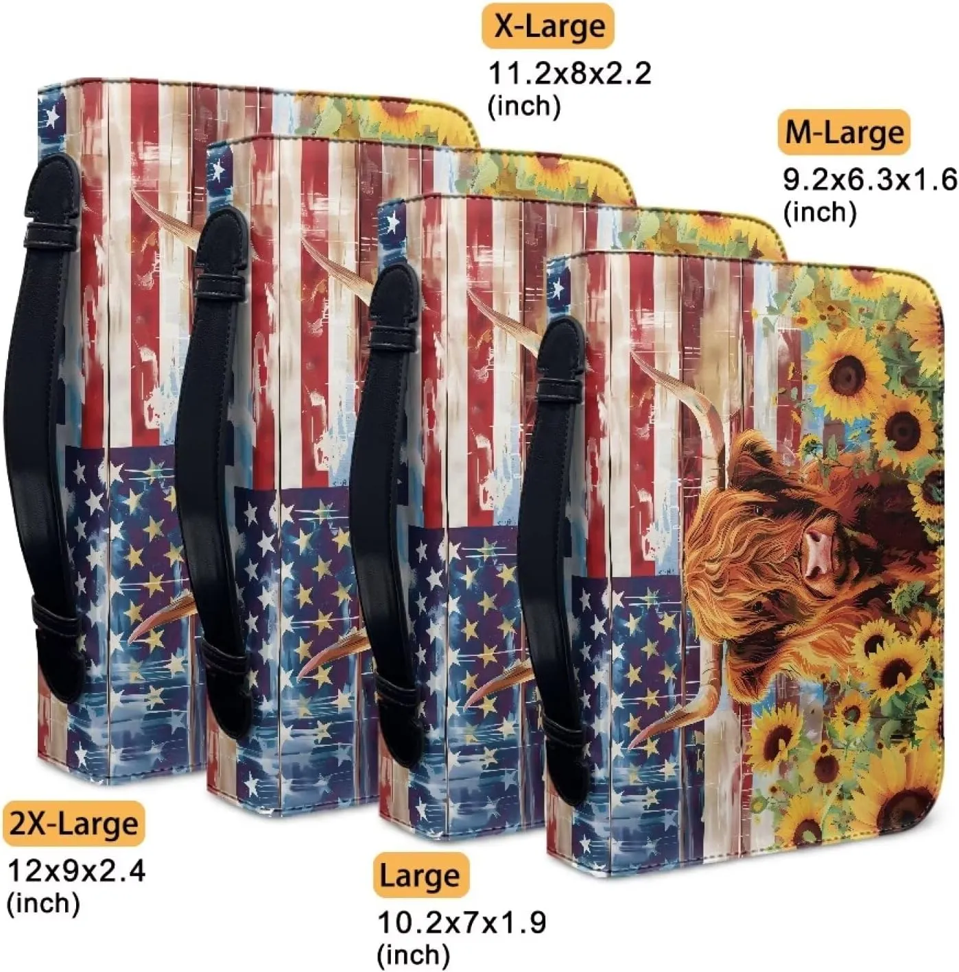 Lotusorchid Highland Cow Church Bible Bag, Sunflower Zippered Bible Book Carrying Bags for Women, American Flag Bible Carrying Case with Handle, Study Bible Bags for Men, Multicolor, L