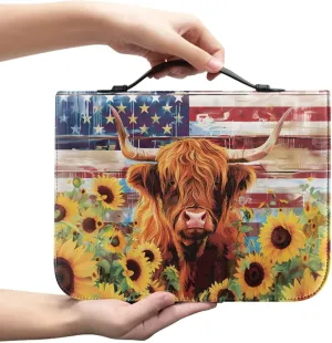 Lotusorchid Highland Cow Church Bible Bag, Sunflower Zippered Bible Book Carrying Bags for Women, American Flag Bible Carrying Case with Handle, Study Bible Bags for Men, Multicolor, L