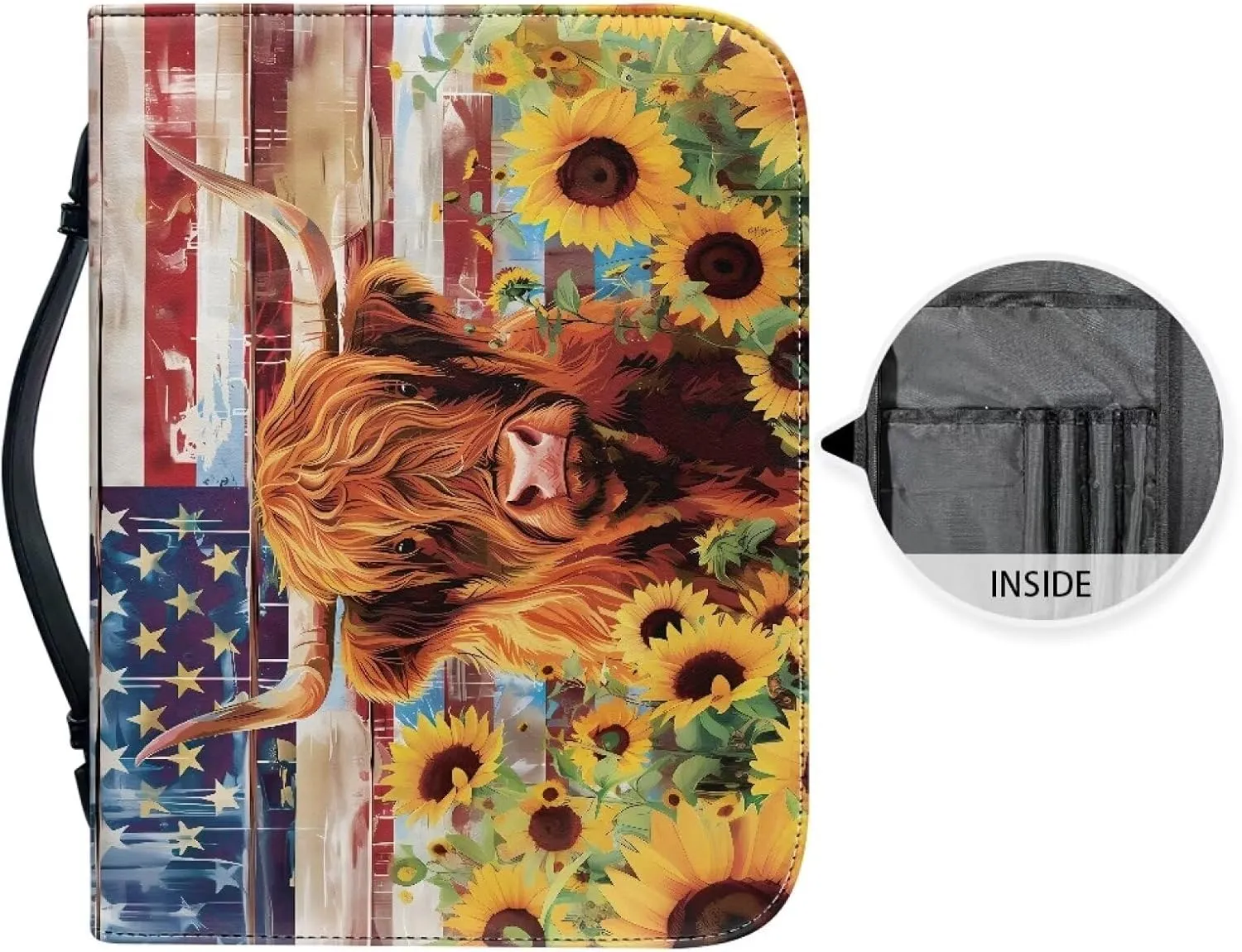 Lotusorchid Highland Cow Church Bible Bag, Sunflower Zippered Bible Book Carrying Bags for Women, American Flag Bible Carrying Case with Handle, Study Bible Bags for Men, Multicolor, L