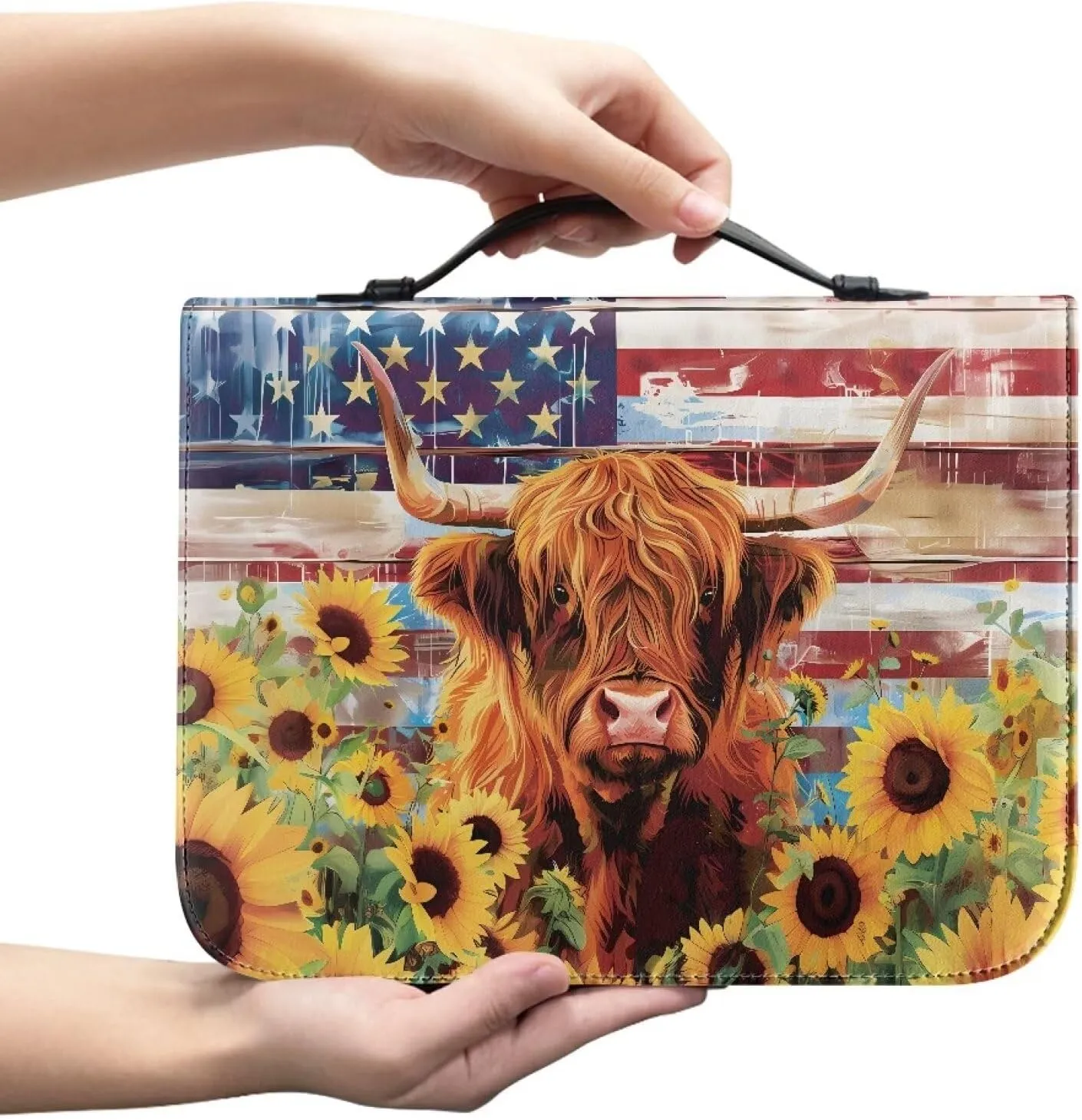Lotusorchid Highland Cow Church Bible Bag, Sunflower Zippered Bible Book Carrying Bags for Women, American Flag Bible Carrying Case with Handle, Study Bible Bags for Men, Multicolor, L