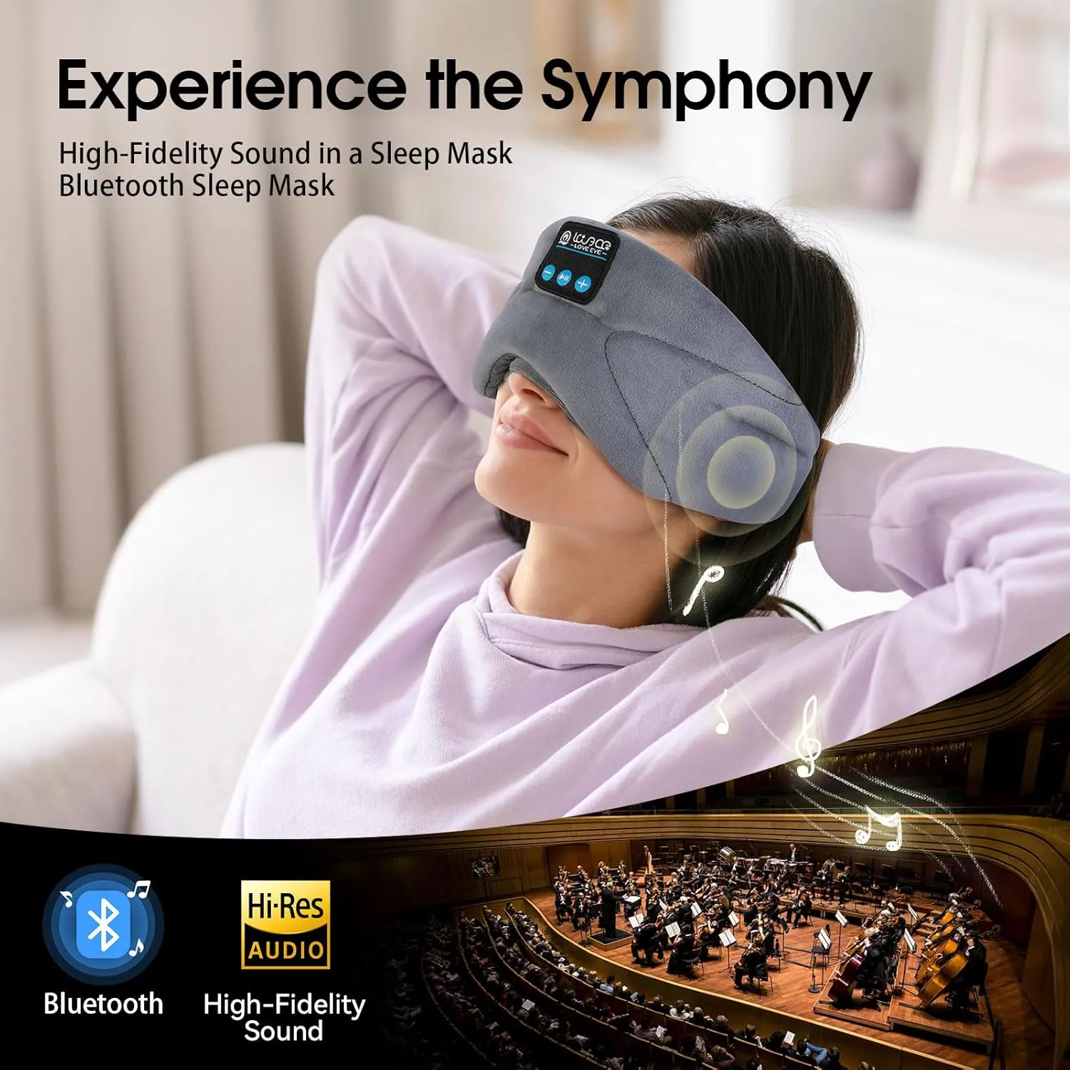 LOVE EYE Sleep Headphones Bluetooth 5.4 Sleeping Eye Mask Wireless Music Earphones with HD Speakers for Side Sleepers Total Blackout Cotton Mask for Travel, Home, Office, Unique Gifts