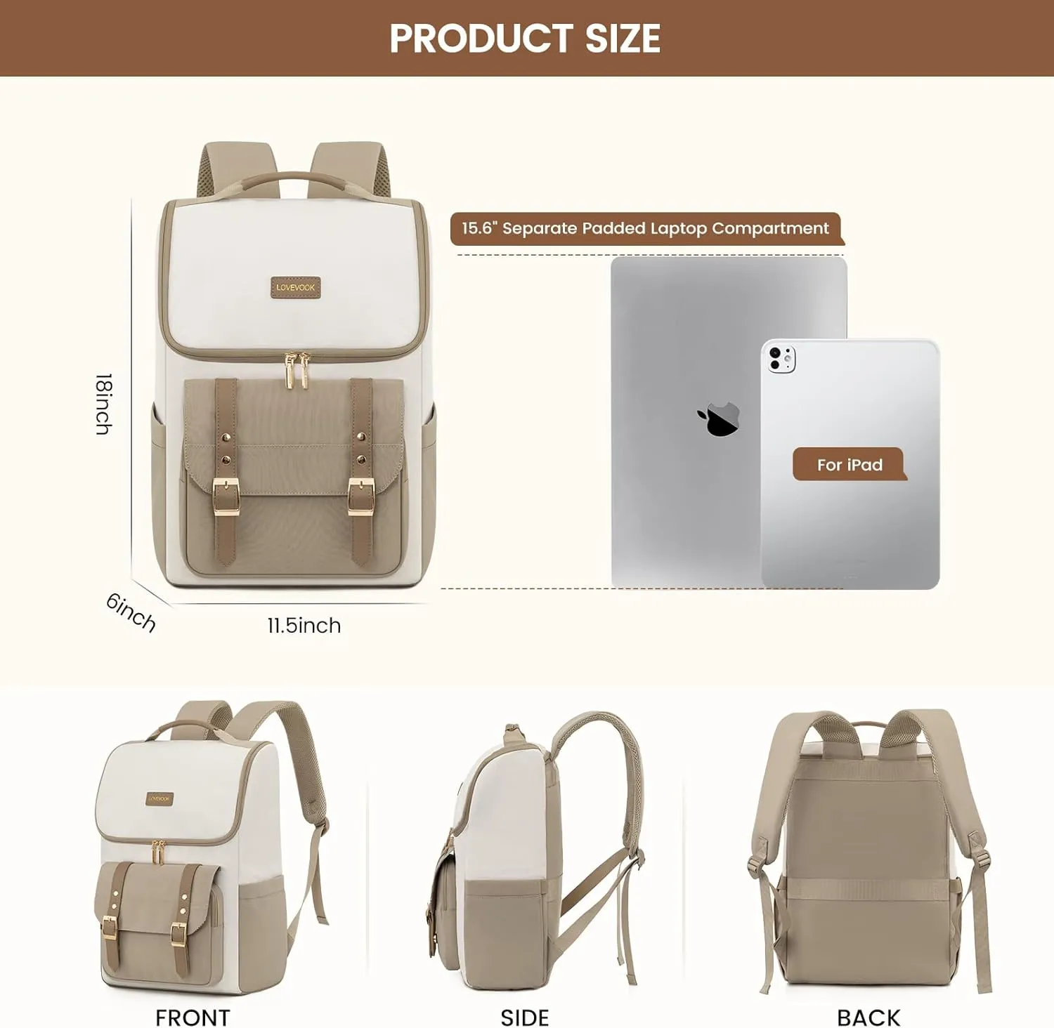 LOVEVOOK Laptop Backpack for Women,15.6 Inch Computer Backpack for School with U-Shaped Opening,Waterproof Nurse Teacher Backpack for College Work,Khaki
