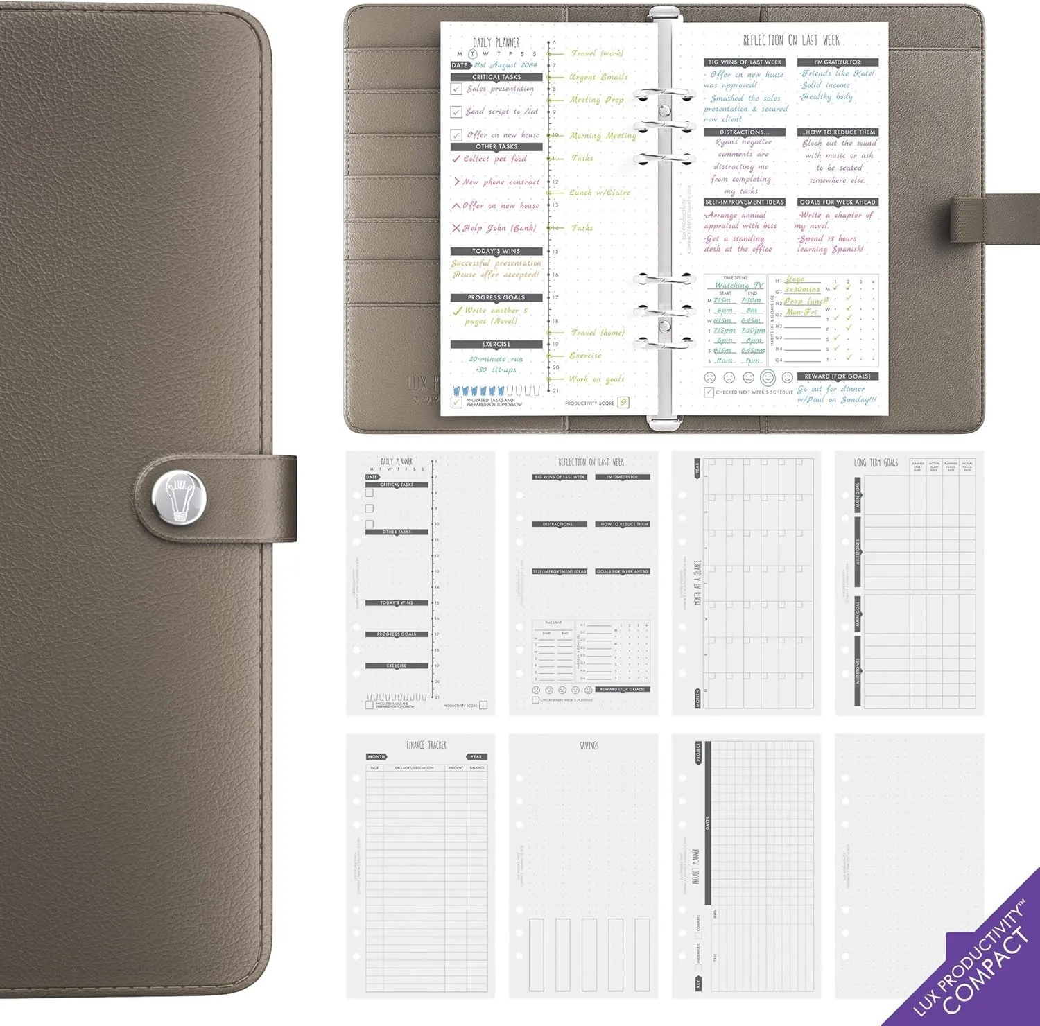 LUX Productivity COMPACT Personal Planner – Best Undated Diary/Organizer with Daily Schedule & Reflection Journal - (Cappuccino)