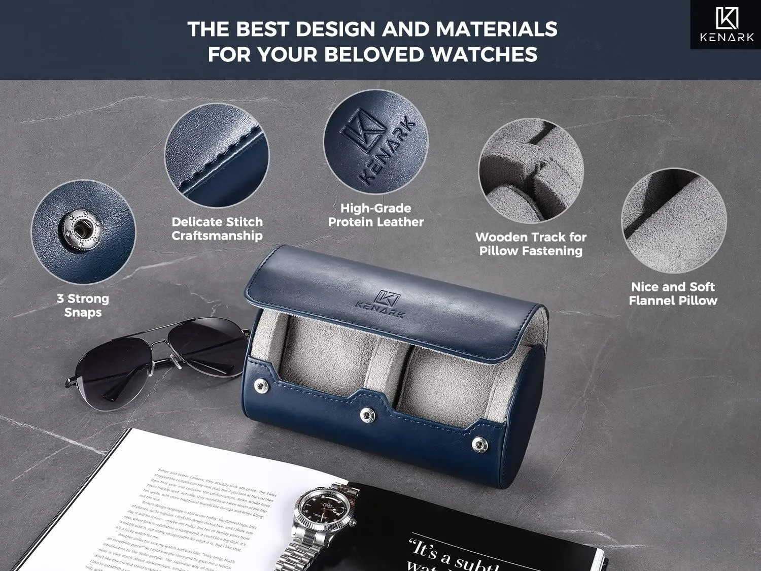 Luxury Watch Roll KW6M-DB - Premium Leather Travel Watch Case for 2 Watches - Anti-Scratch Protection - Exquisite Watch Roll Storage - Modern Watch Box - Perfect for Watch Enthusiasts