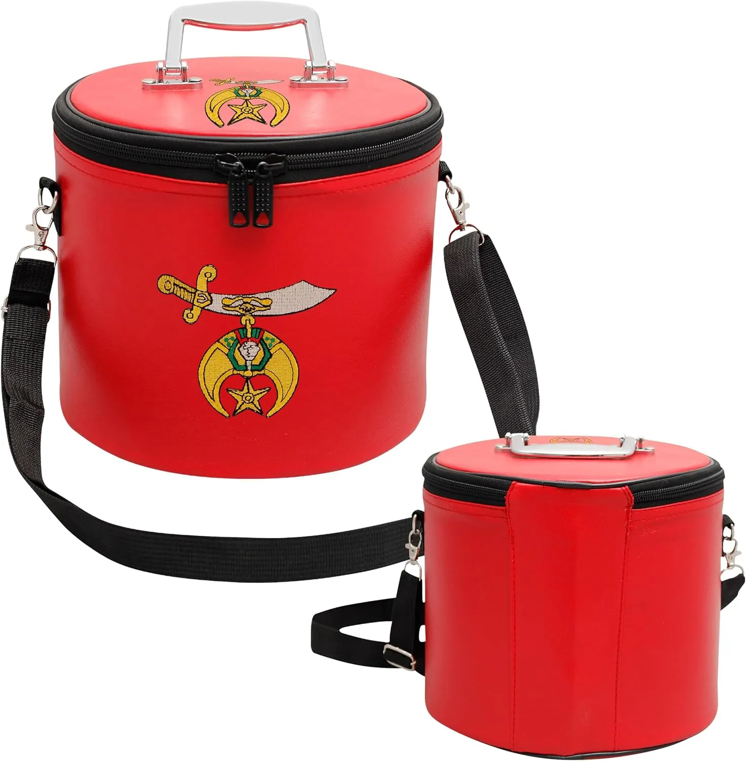 Machine Embroidered Shriner Fez Case – Deluxe Masonic Fez Cap Storage Box with Strap, Imitation Leather, OES Gifts, Display Box for Masonic & Eastern Star Fez Hats (Red)