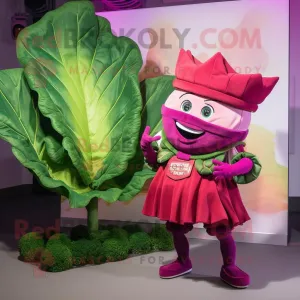 Magenta Cabbage Leaf mascot costume character dressed with a Midi Dress and Smartwatches, Large