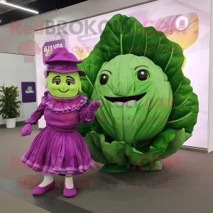 Magenta Cabbage Leaf mascot costume character dressed with a Midi Dress and Smartwatches, Large