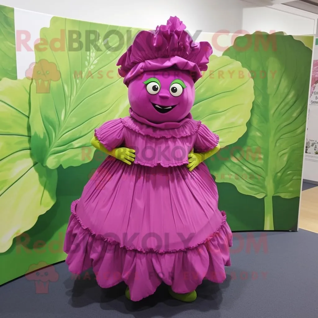 Magenta Cabbage leaf mascot costume character dressed with Pleated Skirt and Anklets, Large
