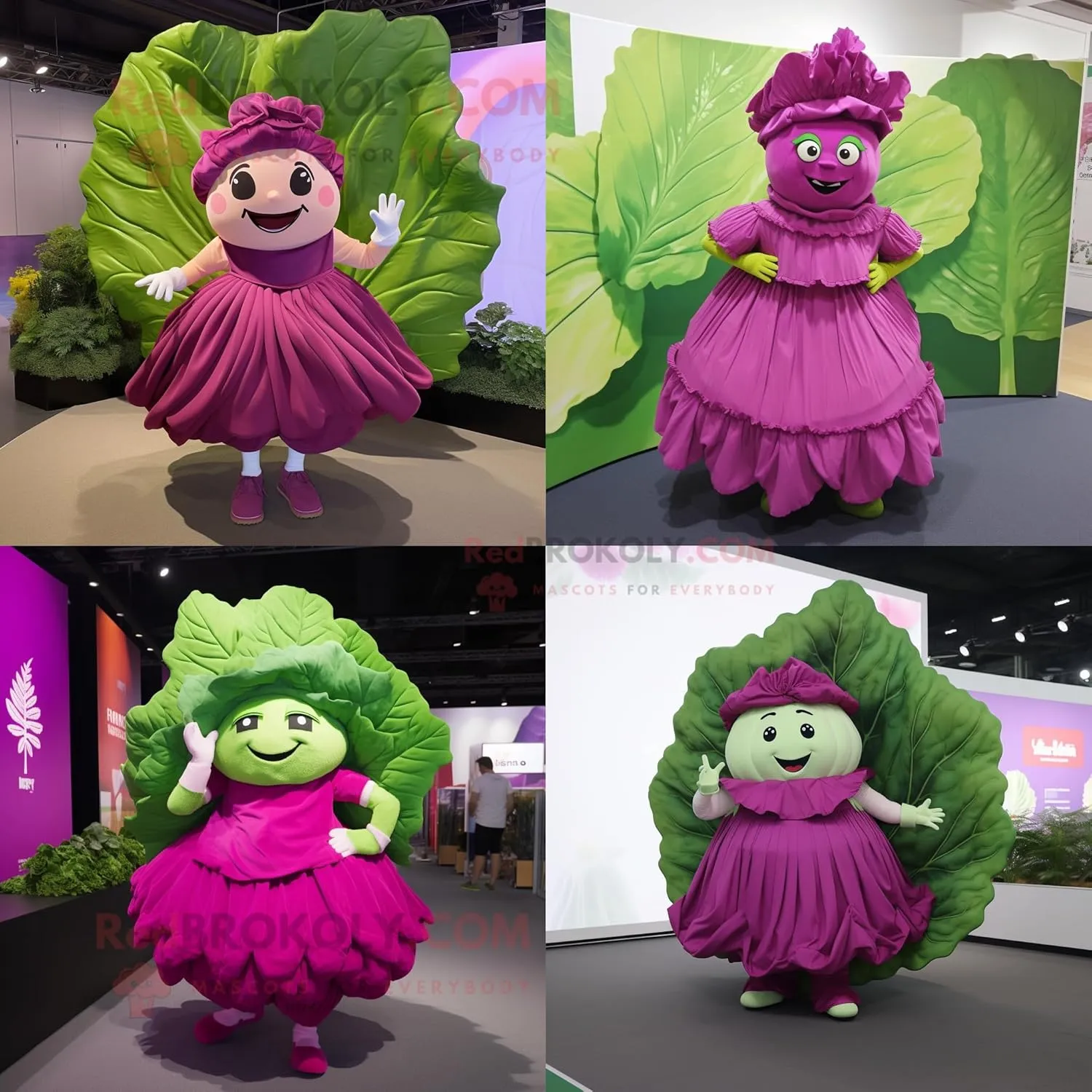 Magenta Cabbage leaf mascot costume character dressed with Pleated Skirt and Anklets, Large