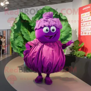 Magenta Cabbage mascot costume character dressed with a Wrap Dress and Hairpins, Large