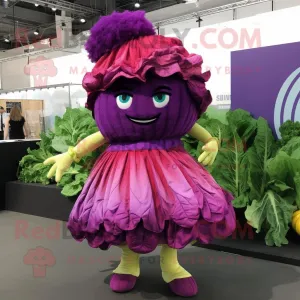 Magenta Cabbage mascot costume character dressed with a Wrap Dress and Hairpins, Large