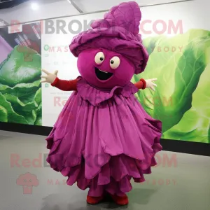 Magenta Cabbage mascot costume character dressed with a Wrap Dress and Hairpins, Large