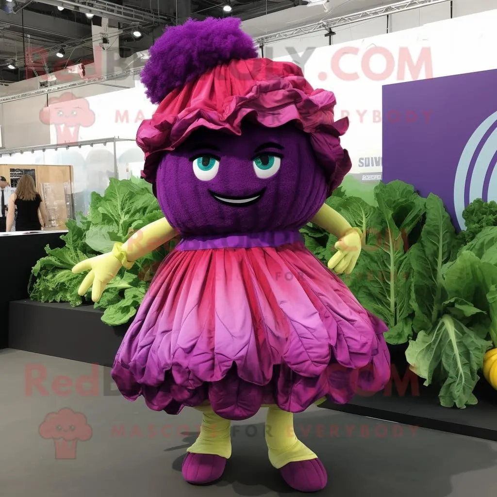 Magenta Cabbage mascot costume character dressed with a Wrap Dress and Hairpins, Large