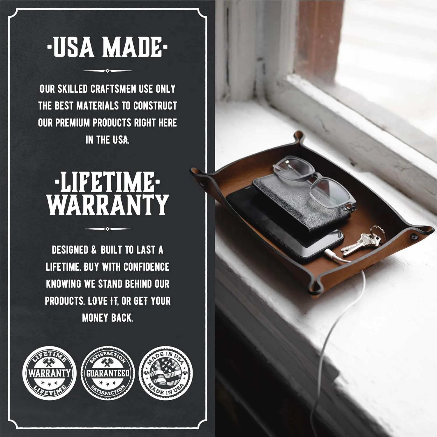 Main Street Forge Leather Valet Tray for Men – Rustic EDC Organizer for Keys, Phone & Wallet – Made in USA - Rustic Montana
