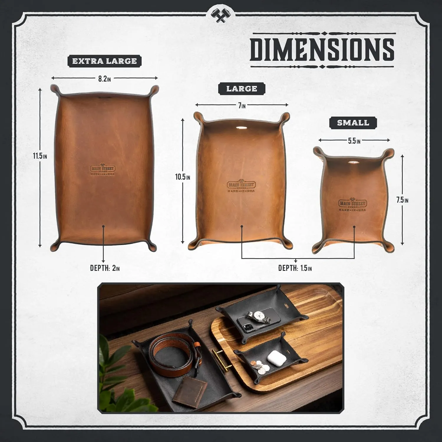 Main Street Forge Leather Valet Tray for Men – Rustic EDC Organizer for Keys, Phone & Wallet – Made in USA - Rustic Montana