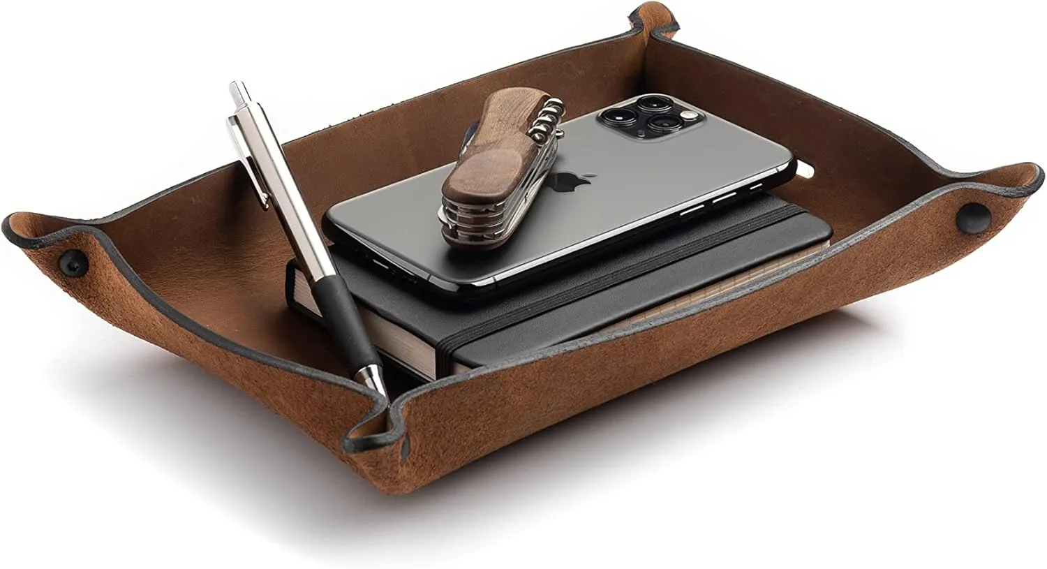 Main Street Forge Leather Valet Tray for Men – Rustic EDC Organizer for Keys, Phone & Wallet – Made in USA - Rustic Montana