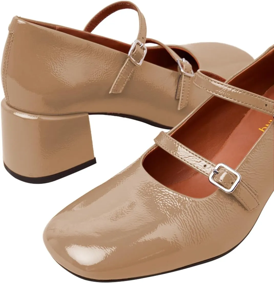 Maiyang Women Chic Two Straps Buckled Mary Jane Pumps Round Toe Chunky Mid Heel Party Event Dress Daily Shoes Size 4-16 US