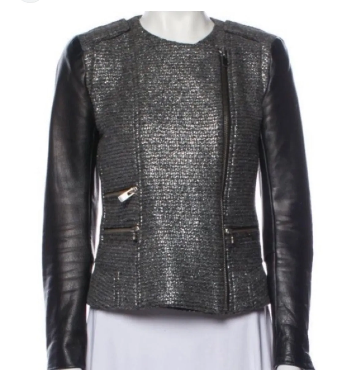 MAJE - TWEED JACKET WITH LEATHER SLEEVES