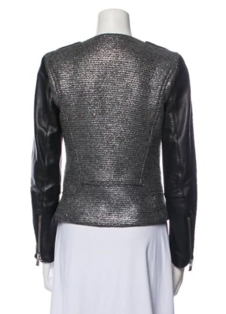 MAJE - TWEED JACKET WITH LEATHER SLEEVES