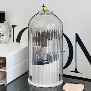 Makeup Brush Holder Organizer 360°Rotating Cosmetic Tools Holder with Lid Sliding Door Dustproof&Waterproof for Vanity Bathroom Bedroom,Transparent
