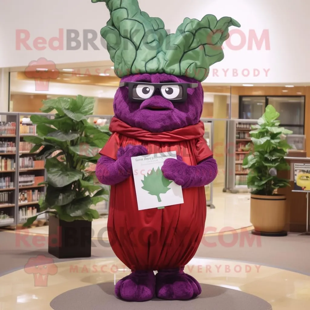 Maroon Cabbage mascot costume character dressed with a Sheath Dress and Reading glasses, Large