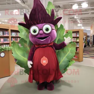 Maroon Cabbage mascot costume character dressed with a Sheath Dress and Reading glasses, Large