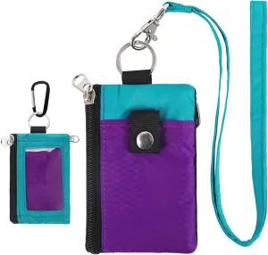 MASAPHlL Small Lanyard Wallet for Women/Men with RFID Blocking ID Case Wallet, Minimalist Nylon Zipper Pouch, Traval Neck Wallet with Keychain, ID Window for Card,Coin,Cash (Violet Turquoise)