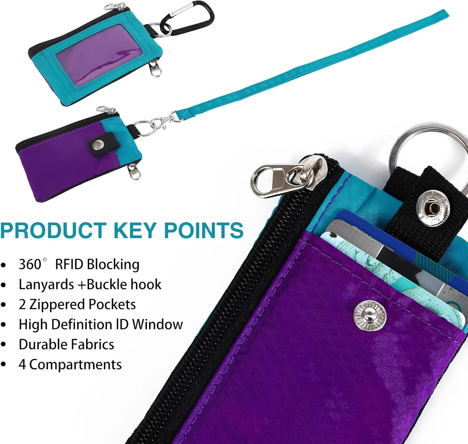 MASAPHlL Small Lanyard Wallet for Women/Men with RFID Blocking ID Case Wallet, Minimalist Nylon Zipper Pouch, Traval Neck Wallet with Keychain, ID Window for Card,Coin,Cash (Violet Turquoise)