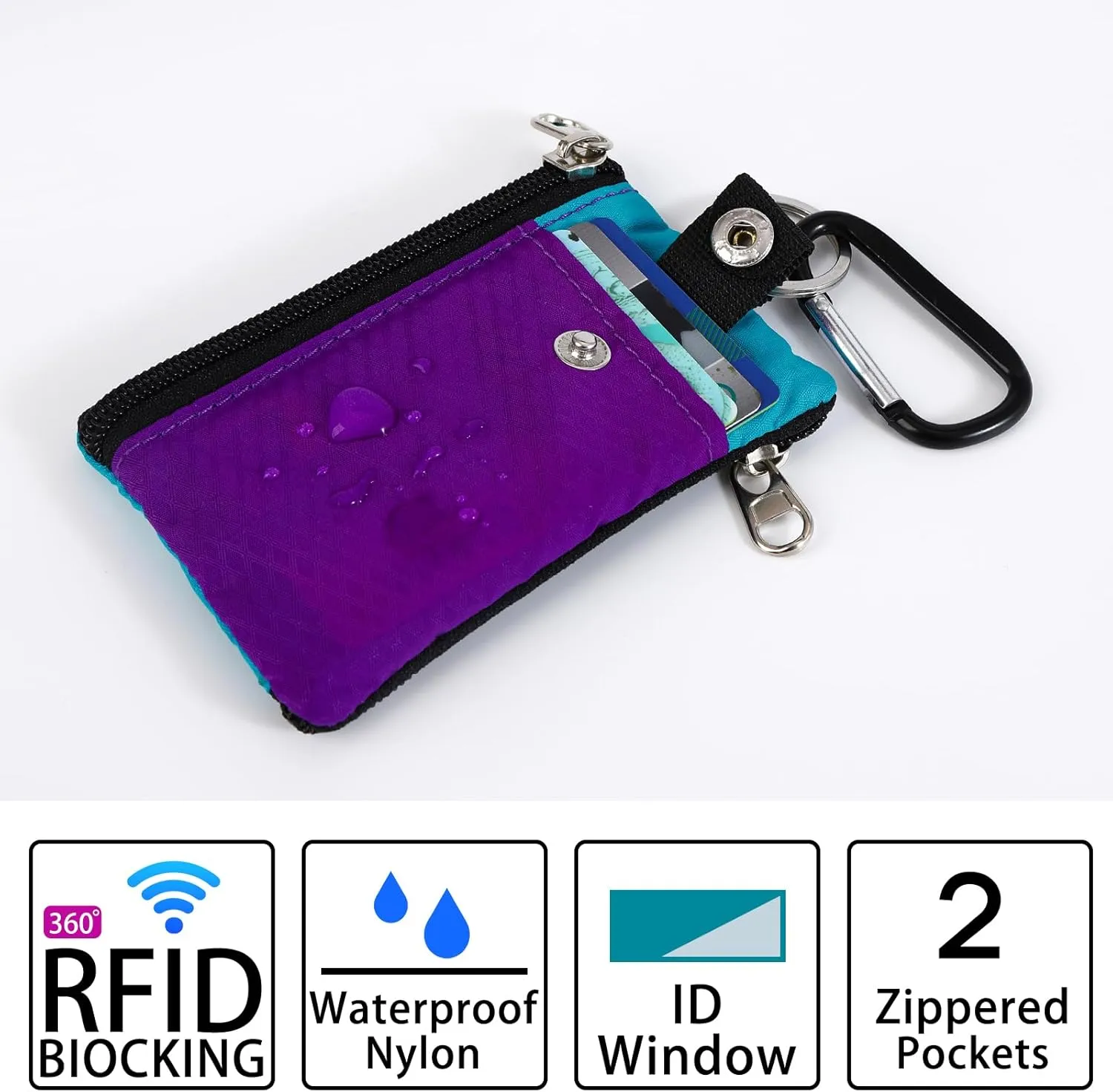 MASAPHlL Small Lanyard Wallet for Women/Men with RFID Blocking ID Case Wallet, Minimalist Nylon Zipper Pouch, Traval Neck Wallet with Keychain, ID Window for Card,Coin,Cash (Violet Turquoise)