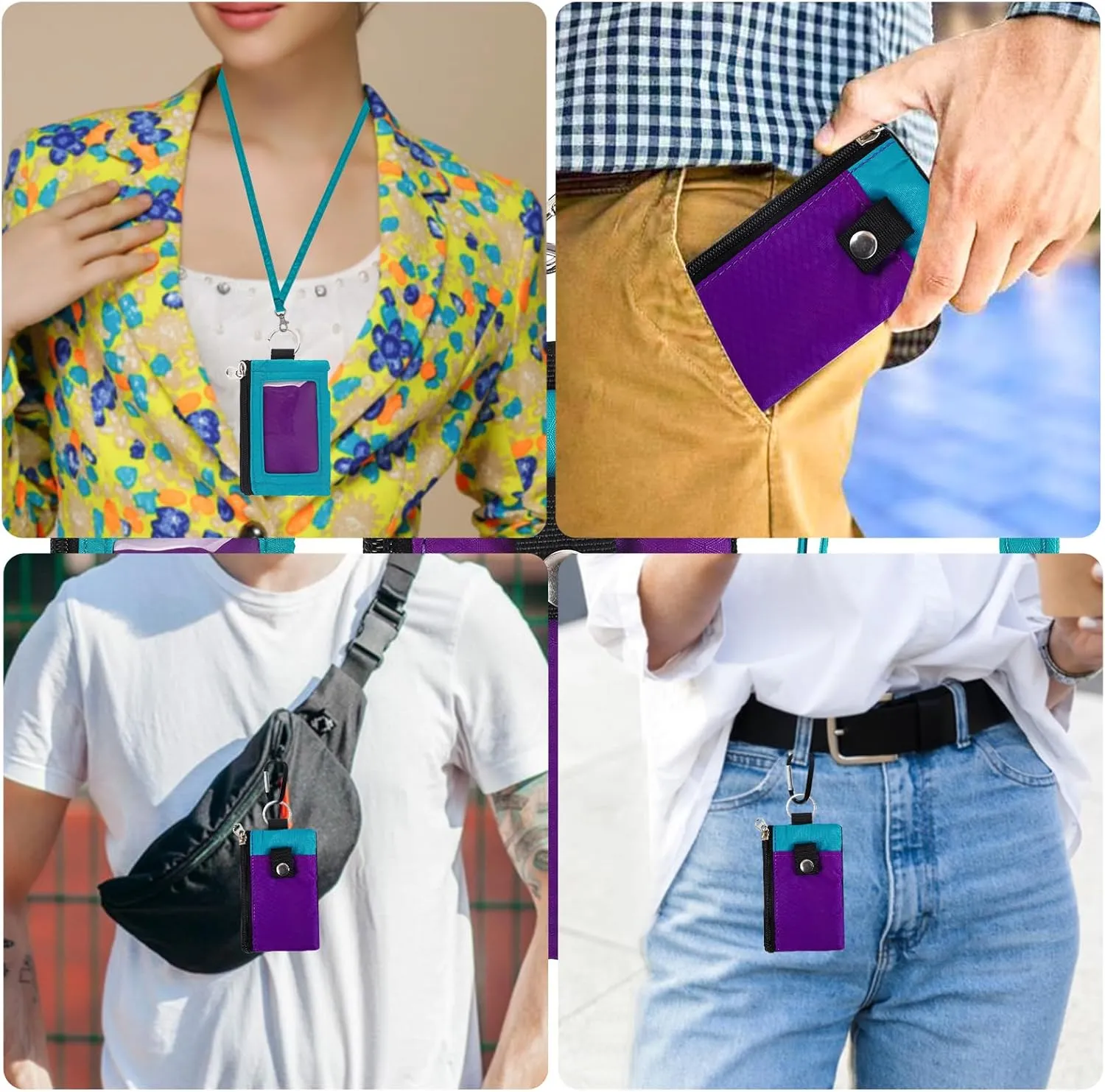 MASAPHlL Small Lanyard Wallet for Women/Men with RFID Blocking ID Case Wallet, Minimalist Nylon Zipper Pouch, Traval Neck Wallet with Keychain, ID Window for Card,Coin,Cash (Violet Turquoise)