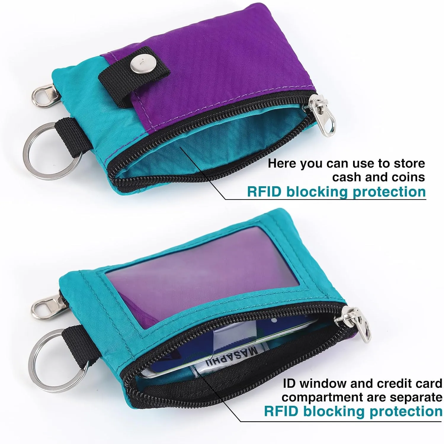 MASAPHlL Small Lanyard Wallet for Women/Men with RFID Blocking ID Case Wallet, Minimalist Nylon Zipper Pouch, Traval Neck Wallet with Keychain, ID Window for Card,Coin,Cash (Violet Turquoise)