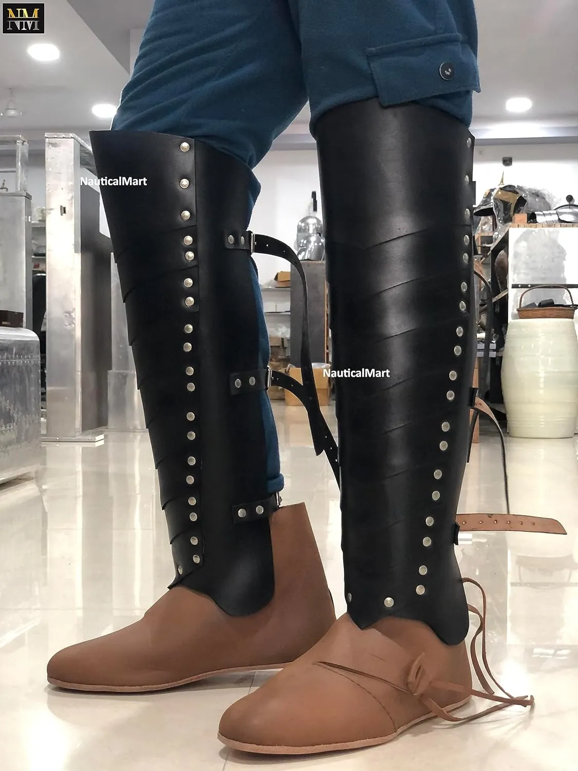 Medieval Viking Knight Leather Leg Armor Greaves Renaissance Gaiter Halloween Cosplay Costume for Men Women LARP Men's Armor