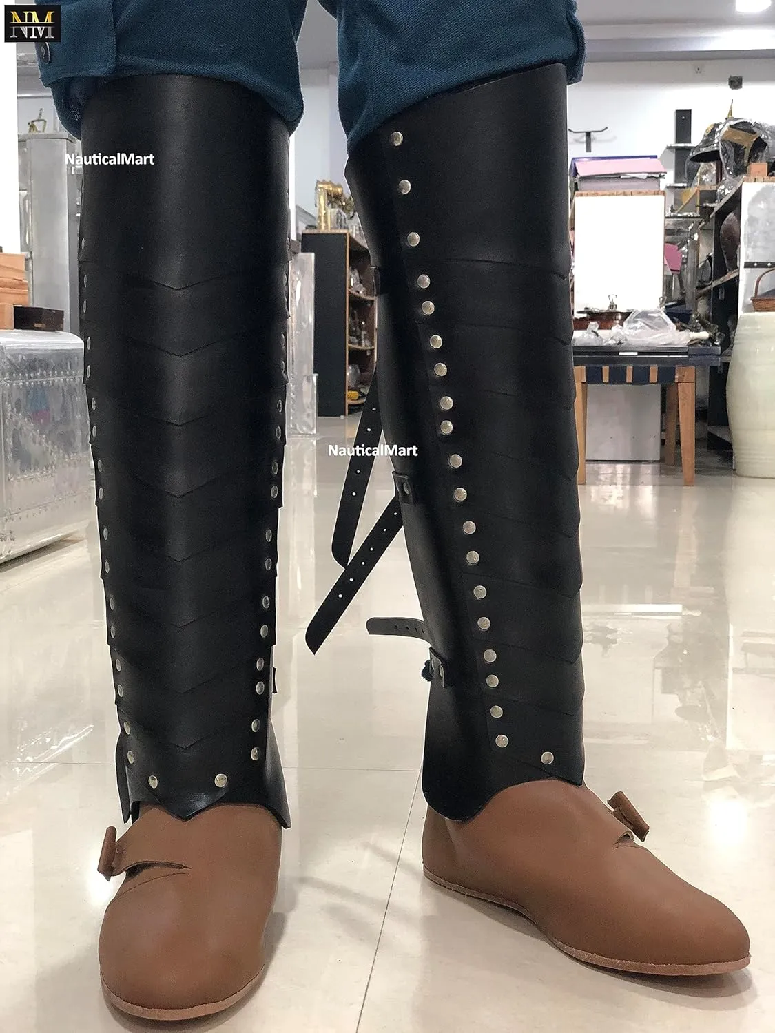 Medieval Viking Knight Leather Leg Armor Greaves Renaissance Gaiter Halloween Cosplay Costume for Men Women LARP Men's Armor