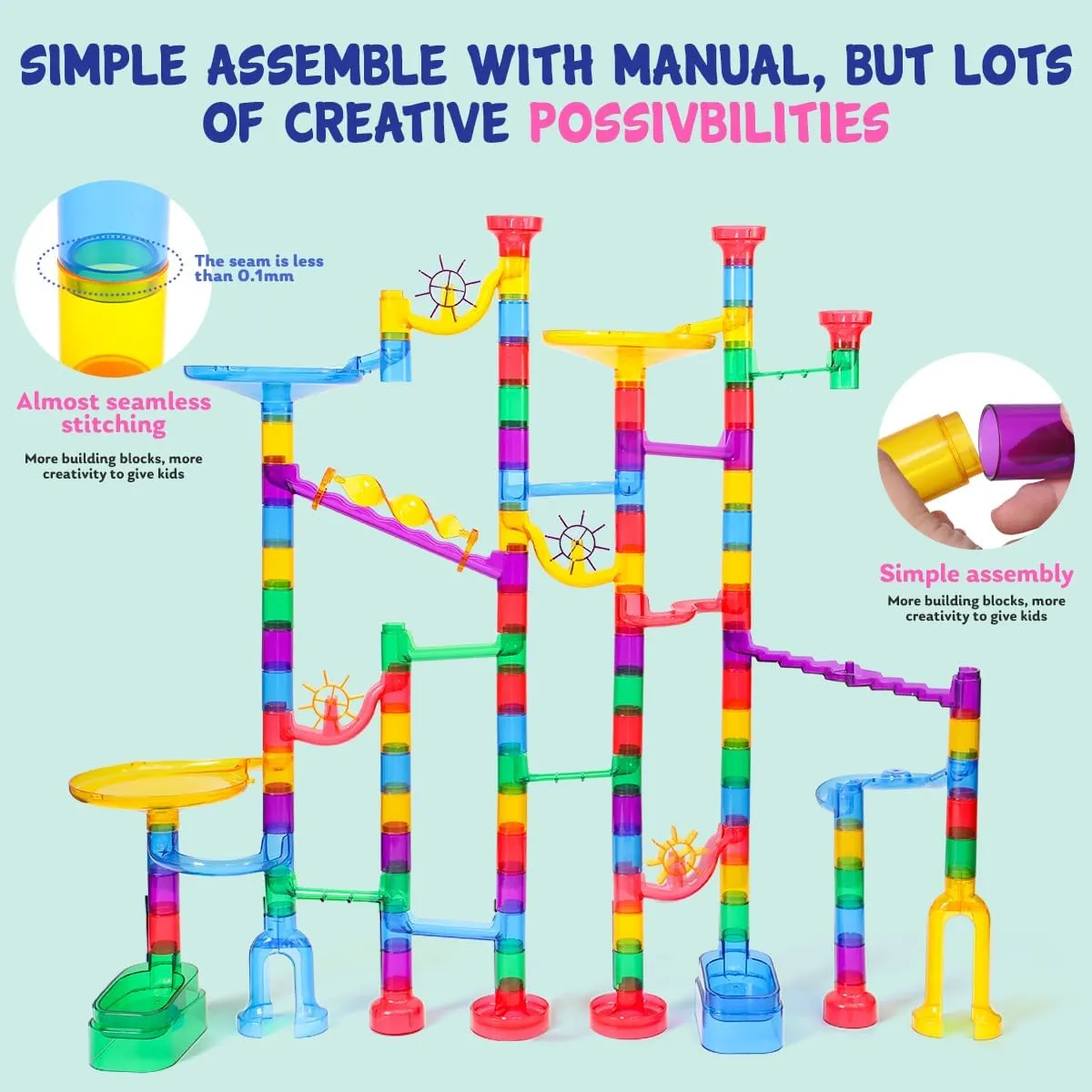 Meland Marble Run - 208Pcs Marble Maze Game Building Toy for Kids, Marble Track Race Set & STEM Learning Toy Gift for Boy Girl Age 4 5 6 7 8 9 (142 Pcs   60 Glass   5 Led Lighted Marbles)