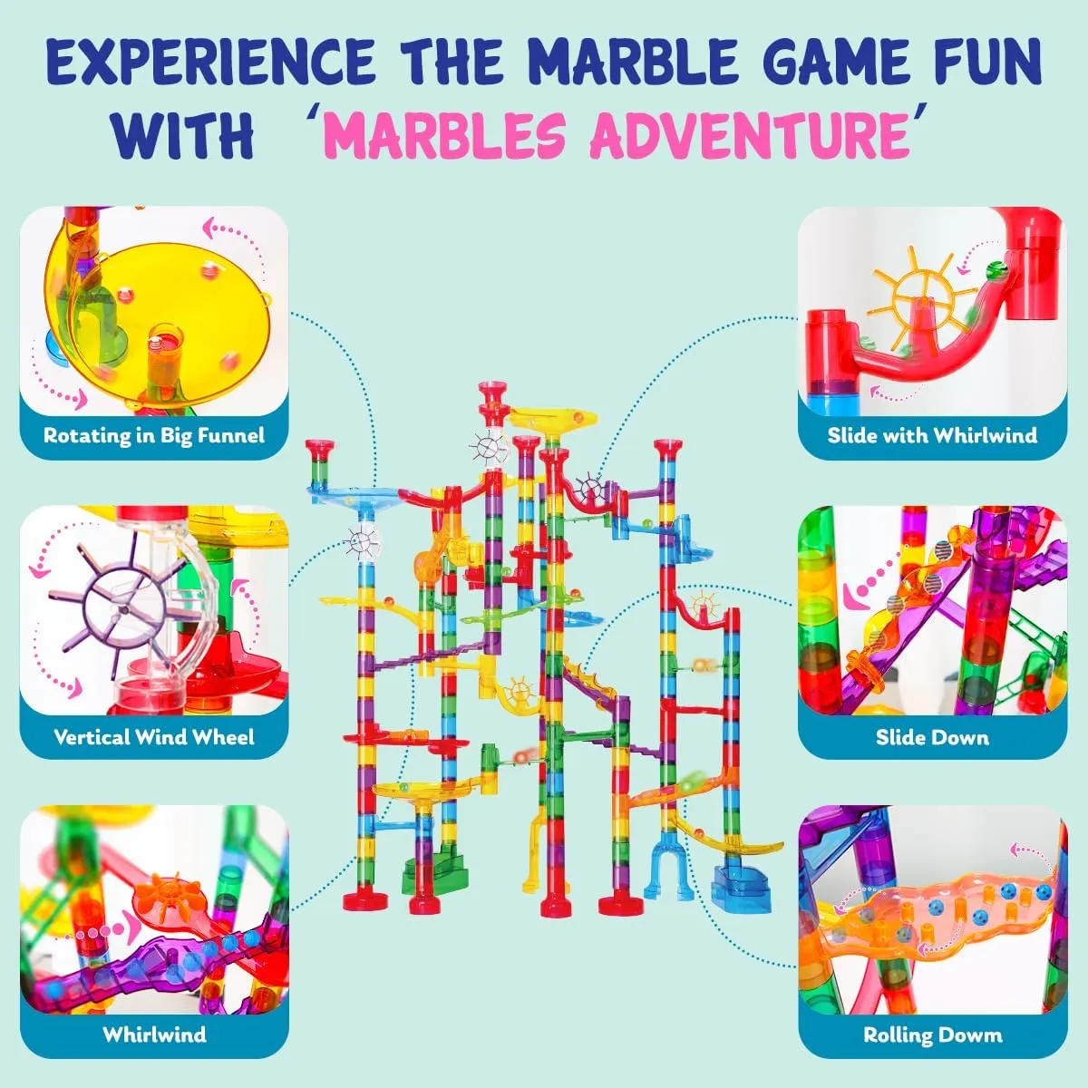 Meland Marble Run - 208Pcs Marble Maze Game Building Toy for Kids, Marble Track Race Set & STEM Learning Toy Gift for Boy Girl Age 4 5 6 7 8 9 (142 Pcs   60 Glass   5 Led Lighted Marbles)