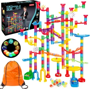 Meland Marble Run - 208Pcs Marble Maze Game Building Toy for Kids, Marble Track Race Set & STEM Learning Toy Gift for Boy Girl Age 4 5 6 7 8 9 (142 Pcs   60 Glass   5 Led Lighted Marbles)