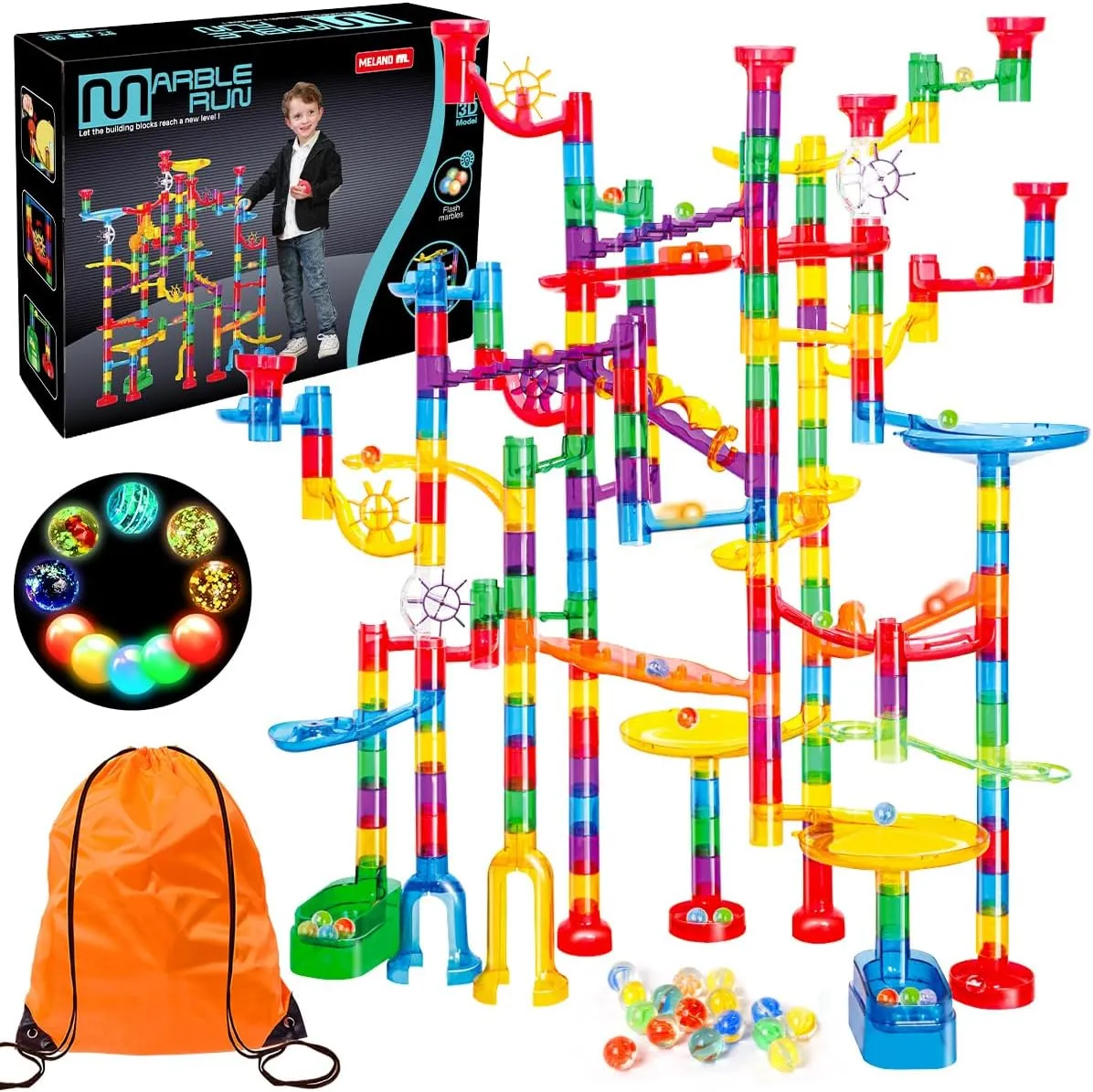Meland Marble Run - 208Pcs Marble Maze Game Building Toy for Kids, Marble Track Race Set & STEM Learning Toy Gift for Boy Girl Age 4 5 6 7 8 9 (142 Pcs   60 Glass   5 Led Lighted Marbles)