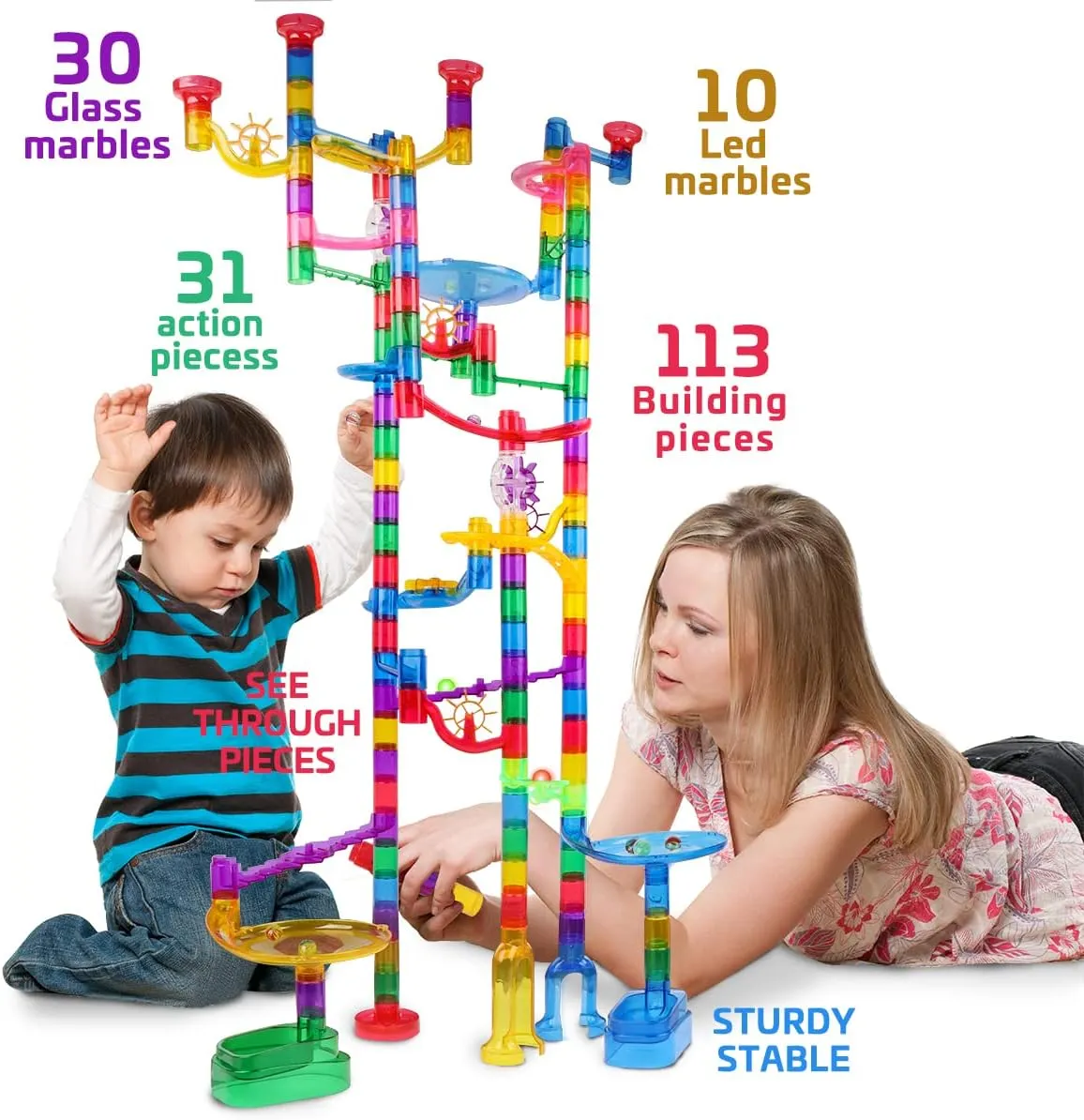 Meland Marble Run Sets for Kids - 153Pcs Marble Race Track Maze Madness Game STEM Building Tower Toy for 4 5 6   Year Old Boys Girls(113 Pcs   30 Glass   10 Led Lighted)