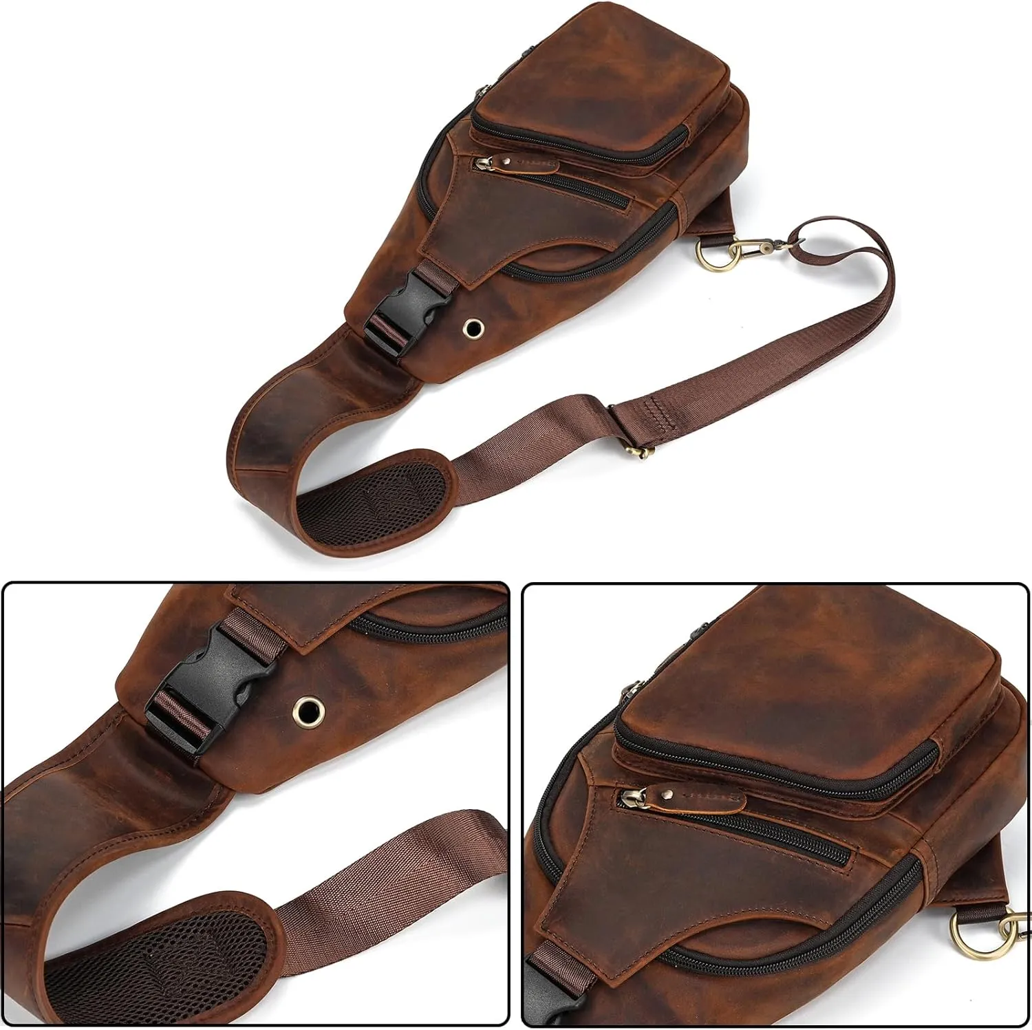 Men Leather Chest Bag Sling Bag Shoulder Bag Leather Crossbody Bag for Men