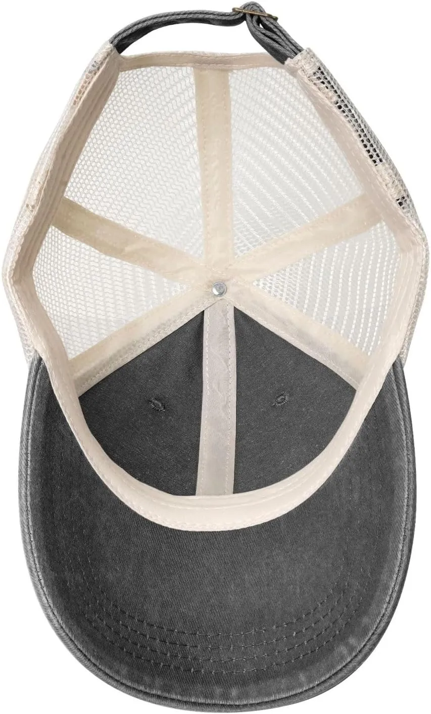 Men Women Denim Mesh Baseball Cap, A Mountain of Happy Print Trucker Hat, Summer Breathable Outdoor Dad Hat