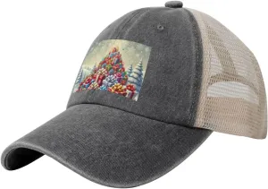 Men Women Denim Mesh Baseball Cap, A Mountain of Happy Print Trucker Hat, Summer Breathable Outdoor Dad Hat