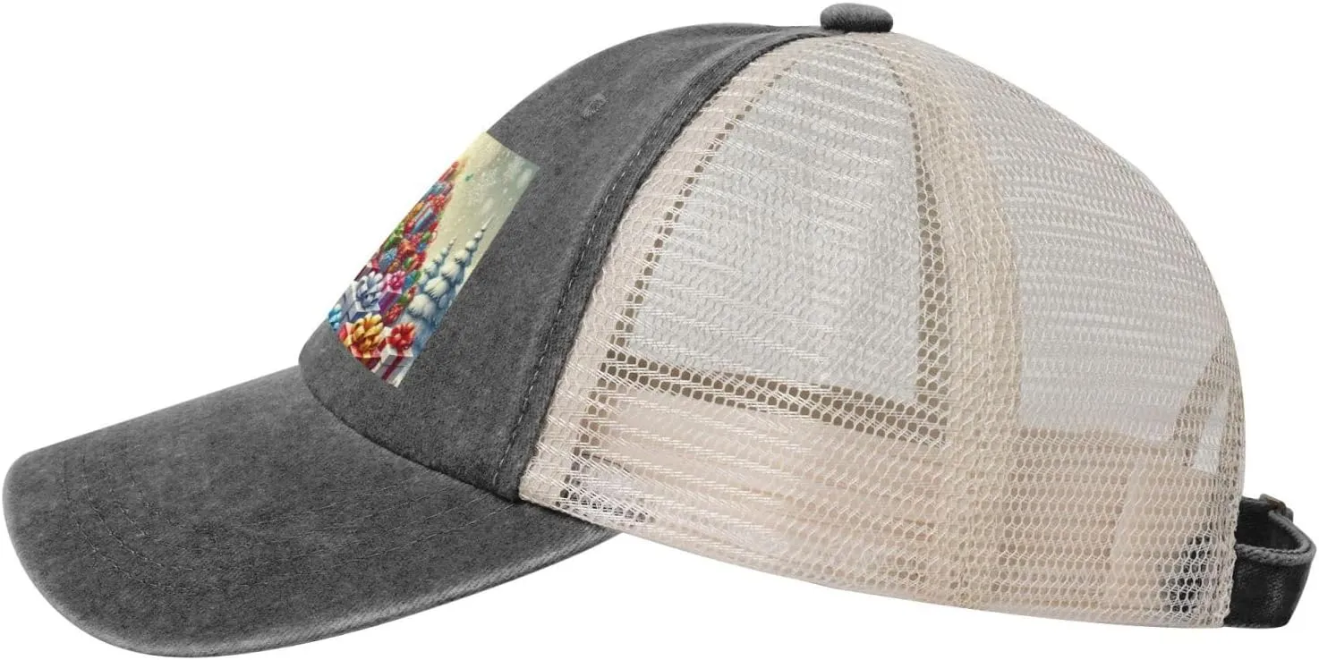 Men Women Denim Mesh Baseball Cap, A Mountain of Happy Print Trucker Hat, Summer Breathable Outdoor Dad Hat