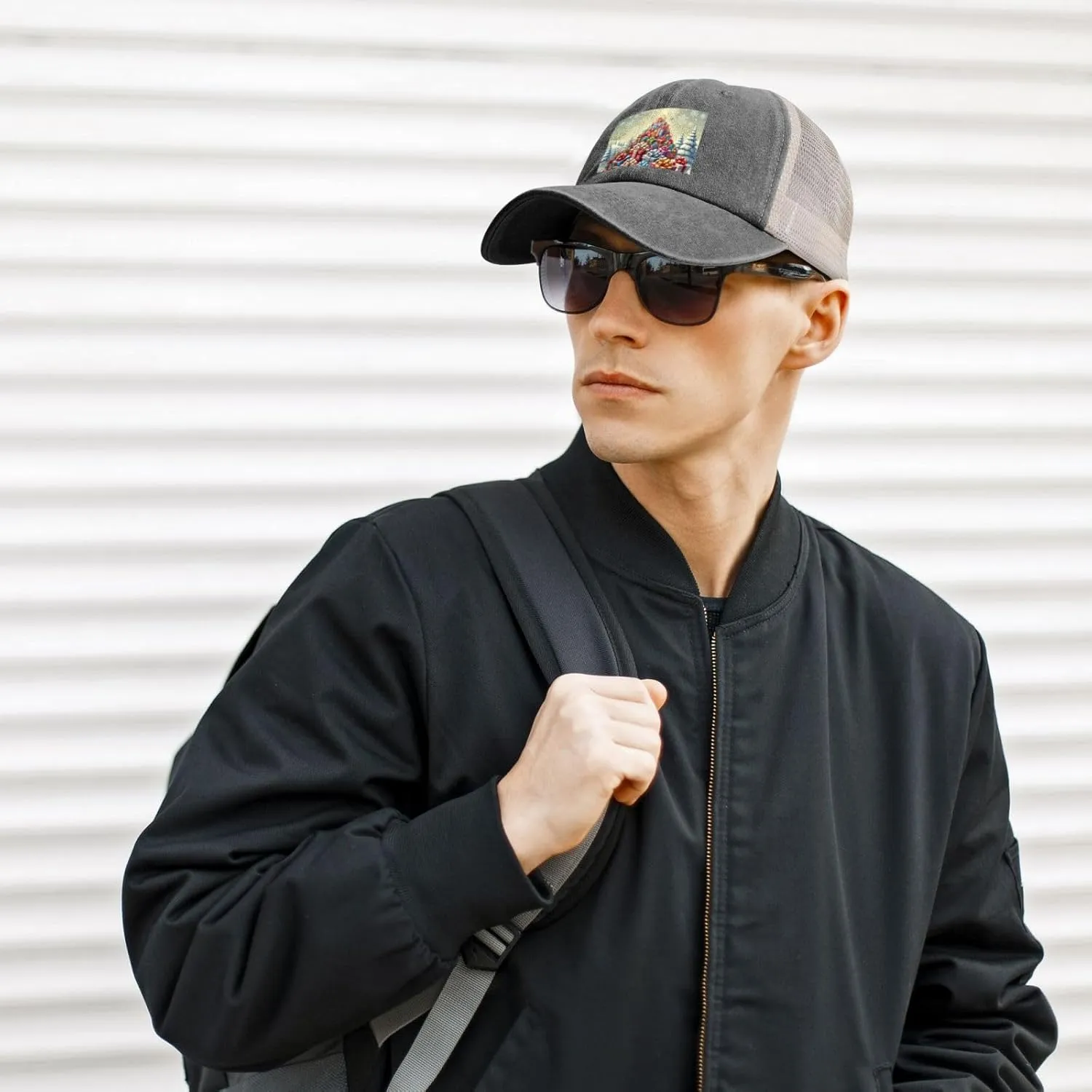 Men Women Denim Mesh Baseball Cap, A Mountain of Happy Print Trucker Hat, Summer Breathable Outdoor Dad Hat