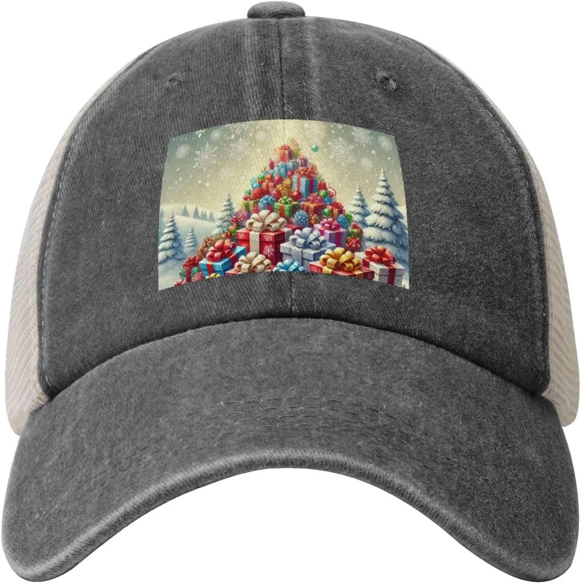 Men Women Denim Mesh Baseball Cap, A Mountain of Happy Print Trucker Hat, Summer Breathable Outdoor Dad Hat