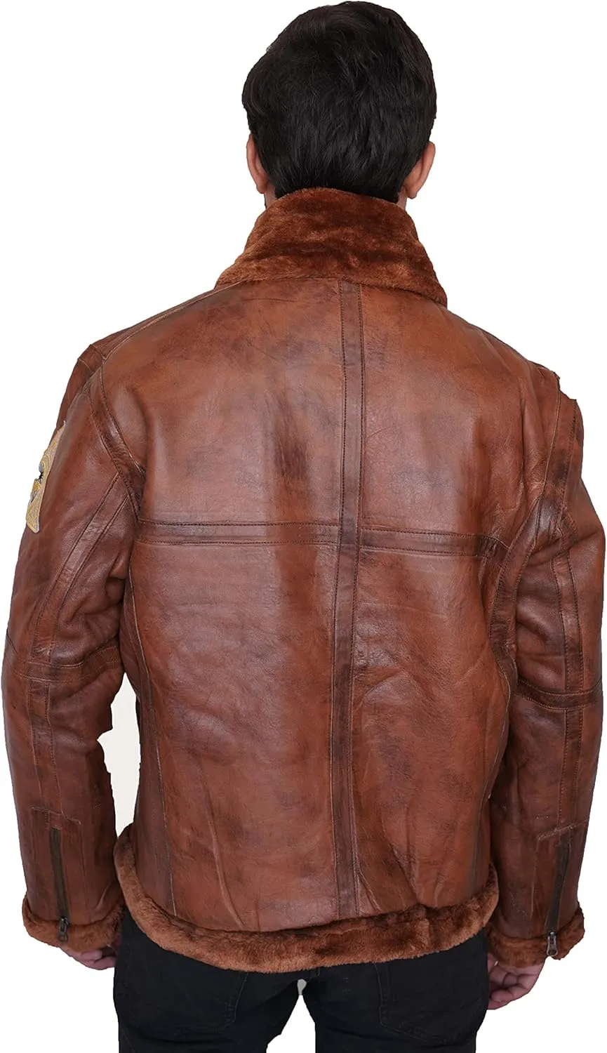 Men's Aviator with Fur Collar and cuff - fur bomber jacket with Tan Brown Badge