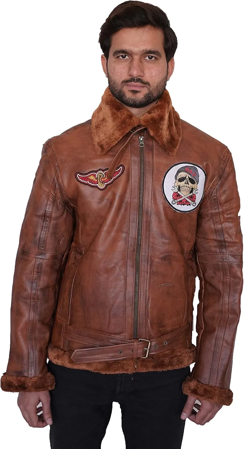 Men's Aviator with Fur Collar and cuff - fur bomber jacket with Tan Brown Badge