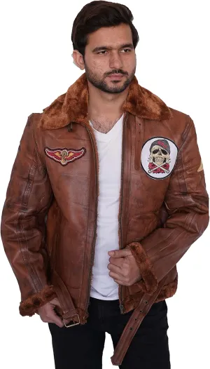 Men's Aviator with Fur Collar and cuff - fur bomber jacket with Tan Brown Badge